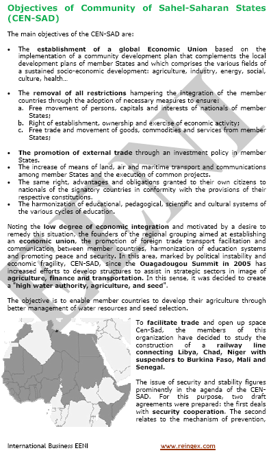 Community of Sahel-Saharan States (CEN-SAD) Benin, Burkina Faso, the Central African Republic, Chad, the Comoros, Djibouti, Egypt, Eritrea, the Gambia, Ghana, Guinea-Bissau, Ivory Coast, Libya, Mali, Mauritania, Morocco, Niger, Nigeria, Senegal, Sierra Leone, Somalia, Sudan, Togo, and Tunisia